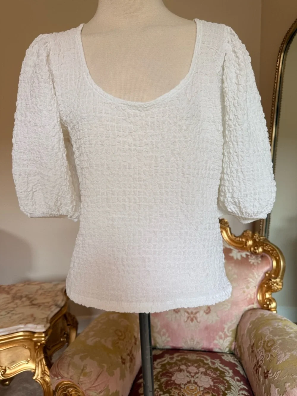 Anthropologie White Textured Scoop-Neck Puff Sleeve Top